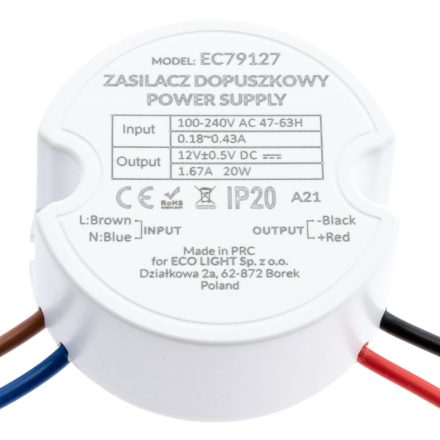 LED tápegység 20W-os dobozhoz fi 60 1.67A 12V DC IP20