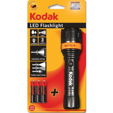 KÉZI FÁKLA, LED zseblámpa 60lm + 3xAAA IP62 fekete KODAK