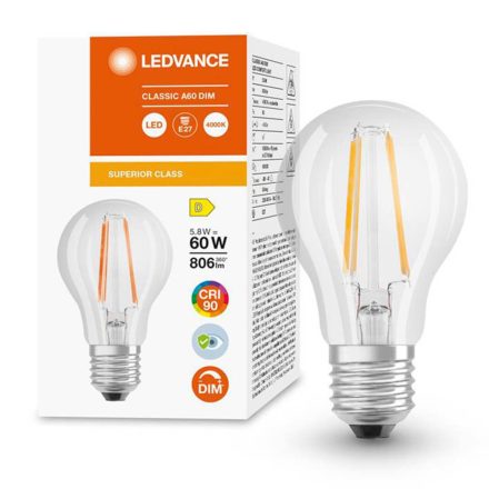 E27 A60 LED izzó 5.8W = 60W 806lm 4000K semleges 300° CRI90 izzószál szabályozható LEDVANCE Superior