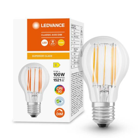 E27 A60 LED izzó 11W = 100W 1521lm 2700K  300° CRI90 Izzószálas, szabályozható