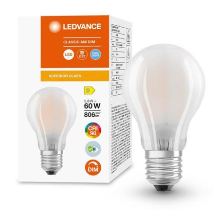 E27 A60 LED izzó 5.8W = 60W 806lm 4000K Semleges 300° CRI90 Izzószálas Tejszerű Fényszabályozható LEDVANCE Superior