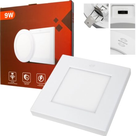 PLANE LED PANEL 9W 630lm Négyzetes Felületre szerelhető süllyesztett vakolat 3 SZÍN Mikrohullámú mozgásérzékelő