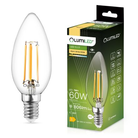 E14 B35 LED izzó 7W = 60W 806lm 3000K 360° LUMILED izzószál