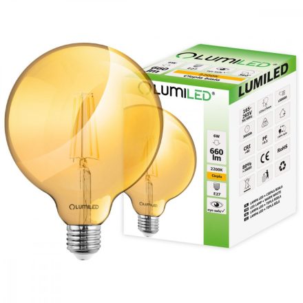 E27 G125 LED izzó 6W = 50W 660lm 2200K meleg 360° LUMILED borostyán izzószál