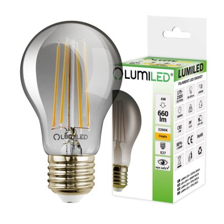 E27 A60 LED izzó 6W = 50W 660lm 2200K meleg 360° LUMILED Smokey izzószál