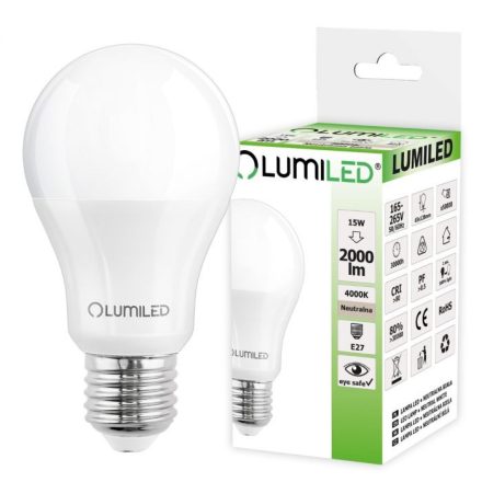 LED izzó E27 A65 15W = 120W 2000lm 3000K 260° LUMILED