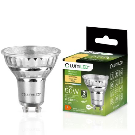 GU10 LED izzó 6W = 50W 580lm 3000K meleg 120°-os üveg LUMILED