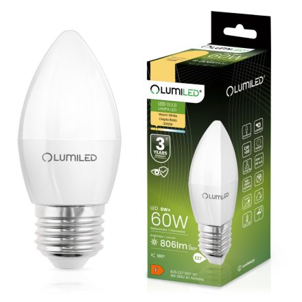 E27 B35 LED izzó 8W = 60W 806lm 3000K Meleg 180° LUMILED