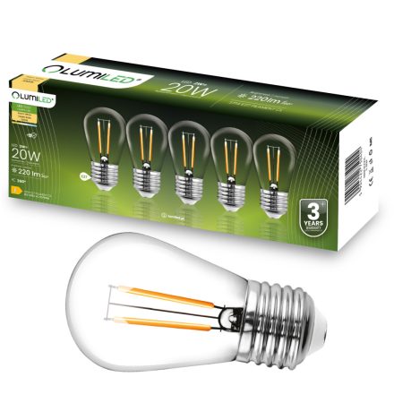 5 CSOMAGOS LED izzó E27 ST14 2W = 20W 3000K meleg 220lm izzószál LUMILED GIRLANDhoz