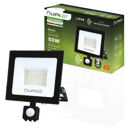 ZUNA2 LED reflektor 50W 4500lm 4000K IP44 fekete mozgásérzékelő LUMILED