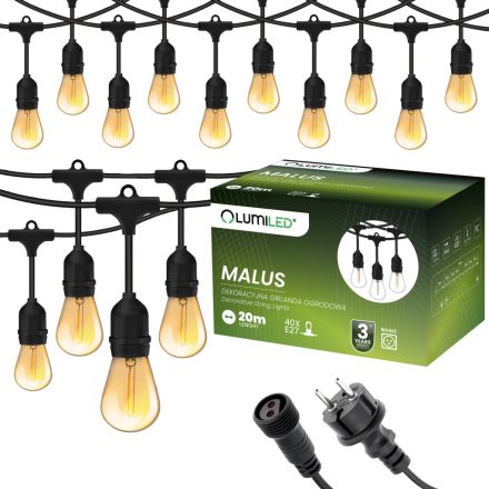 Outdoor Garden GIRLAND fénylánc 20m 40x E27 Izzók 1,3W 2200K MALUS Lumiled