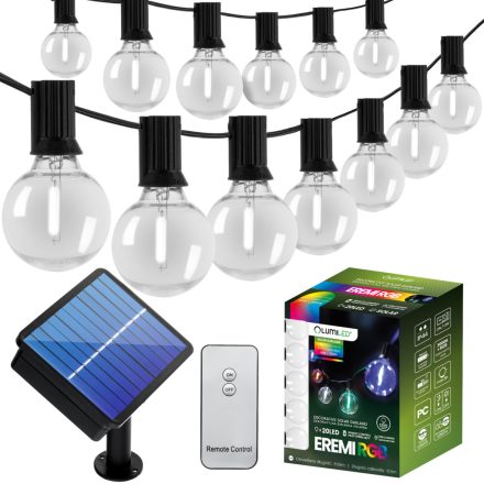 Garden Solar Girland 20x LED Dekoratív G50 Izzók 10,6m 3000K RGB + Távirányító EREMI LUMILED