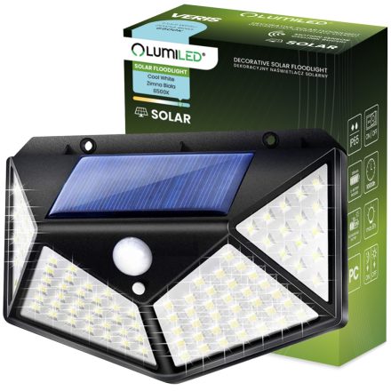 Napelemes LED-es reflektor halogén kerti lámpa 6500K IP65 mozgás- és szürkületérzékelő VERIS LUMILED