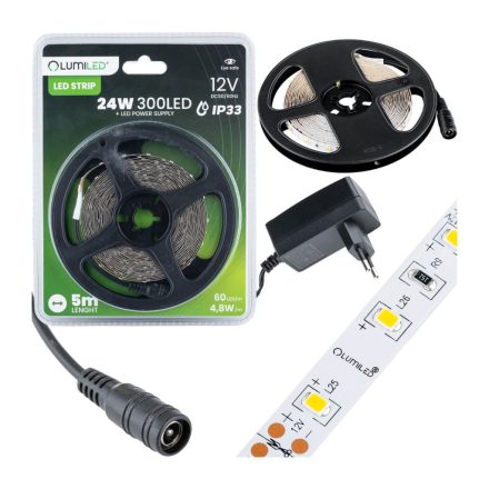 Szett LED szalag szalag 12V 24W 300LED SMD 2835 hő 8mm 5m + tápegység