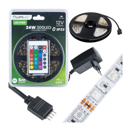 Szett LED szalag szalag 12V 24W 300LED SMD 5050 RGB 8mm 5m + tápegység + távirányító