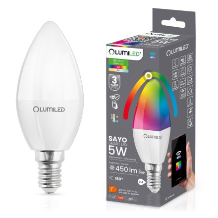 LED izzó E14 B35 CANDLE 5W = 40W 450lm RGB szabályozható CCT Smart TUYA WiFi SMART SAYO LUMILED