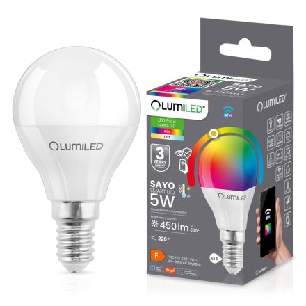 LED izzó E14 P40 BALL 5W = 40W 450lm RGB CCT szabályozható Smart TUYA WiFi SMART SAYO LUMILED