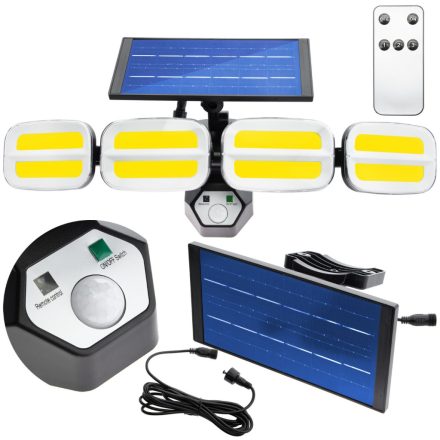 Napelemes reflektor lámpa 4x COB LED 20W 800lm Hideg IP65 mozgásérzékelő + Távirányító