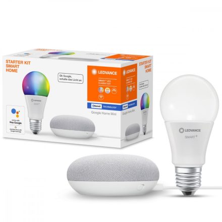 E27 LED izzó 10W RGB + CCT A60 SMART + Bluetooth LEDVANCE + Google Home Mini hangszóró szürke