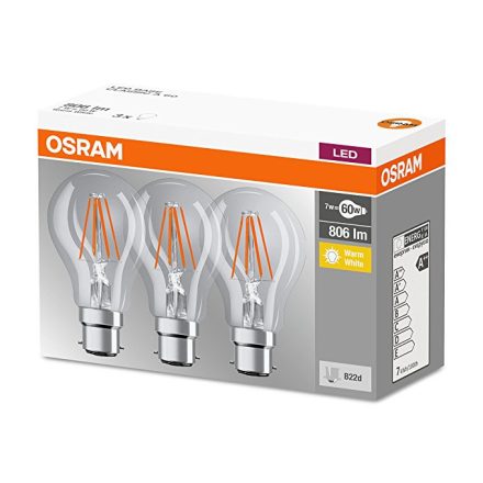 3PAK LED izzó B22d A60 7W = 60W 806lm 2700K  360° izzószál OSRAM