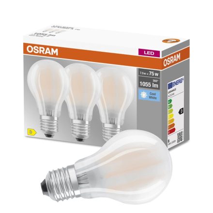 3PAK LED izzó E27 A60 7.5W = 75W 1055lm 4000K semleges 300°-os izzószál OSRAM ALAP