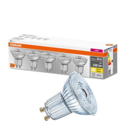 5PAK GU10 LED izzó 2.3W = 35W 230lm 2700K meleg 36° OSRAM alap