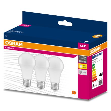 3PAK LED izzó E27 A60 10W = 75W 1055lm 2700K meleg OSRAM érték