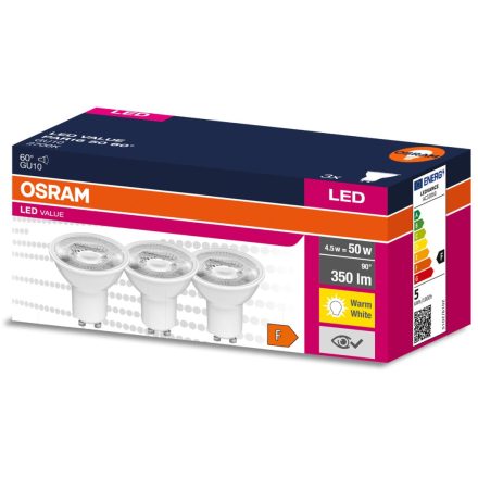 3PAK LED izzó GU10 4.5W = 50W 350lm 2700K meleg 60° OSRAM ÉRTÉK