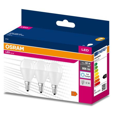 3db LED izzó Gömb E14 P45 7W = 60W 806lm 6500K Hideg 200° OSRAM érték