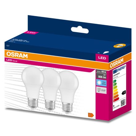 3PAK LED izzó E27 A60 8.5W = 60W 806lm 4000K Semleges 200° OSRAM ÉRTÉK