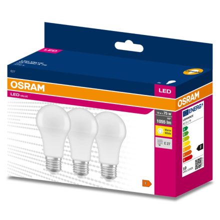 3PAK LED izzó E27 A60 10W = 75W 1055lm 3000K meleg 200° OSRAM ÉRTÉK