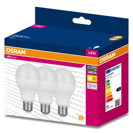 3PAK LED izzó E27 A60 19W = 150W 2452lm 3000K meleg 200° OSRAM ÉRTÉK