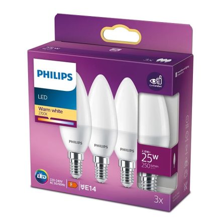 3x LED-es gyertyakörte készlet E14 B35 2,8W = 25W 250lm 2700K meleg PHILIPS