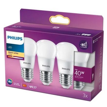 3x LED golyós izzó készlet E27 P45 4,9W = 40W 470lm 2700K meleg PHILIPS