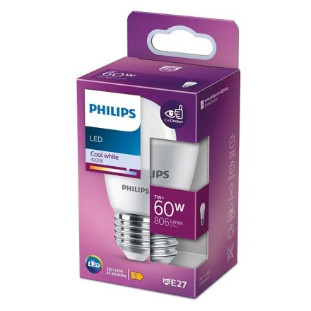 LED golyós izzó E27 P48 7W = 60W 806lm 4000K semleges PHILIPS