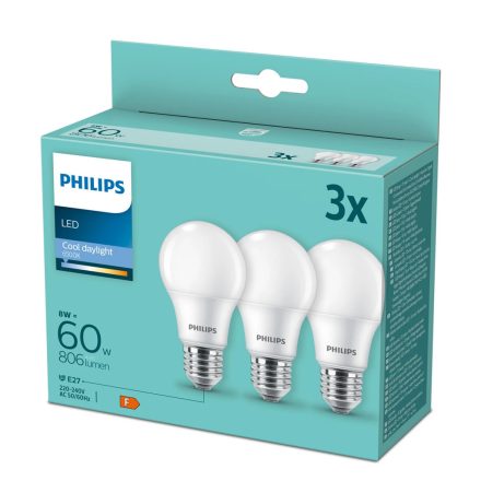 3PAK LED izzó E27 A60 8W = 60W 806lm 6500K Cold PHILIPS