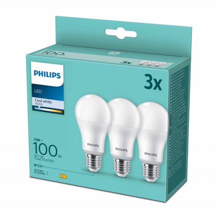 3PAK LED izzó E27 A67 13W = 100W 1521lm 4000K semleges PHILIPS