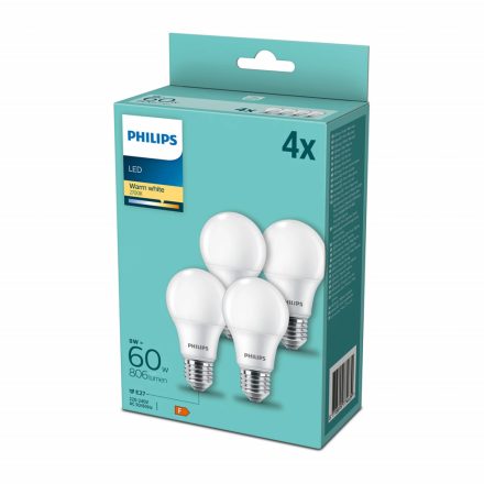 4PAK LED izzó E27 A60 8W = 60W 806lm 2700K meleg PHILIPS