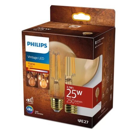 Globe LED izzó E27 G95 3.1W = 25W 250lm 1800K meleg izzószál borostyán PHILIPS