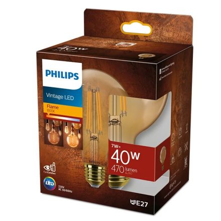 Globe E27 G95 LED izzó 7W = 40W 470lm 1800K meleg izzószál borostyán PHILIPS