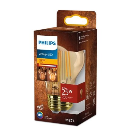 E27 A60 LED izzó 3.1W = 25W 250lm 1800K meleg izzószál borostyán PHILIPS