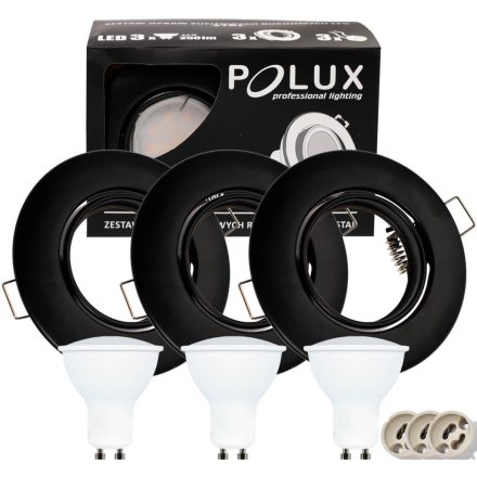 3x GOLDLUX (Polux) kerek fekete mozgatható halogén lámpa + GU10 3,5 W LED izzó készlet