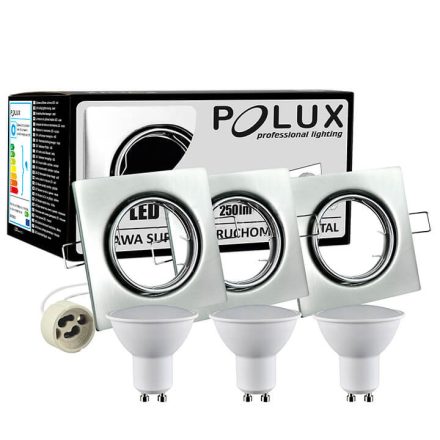 3x GOLDLUX (Polux) mozgatható halogén lámpa készlet, négyzet alakú nikkel + GU10 3,5 W LED izzó