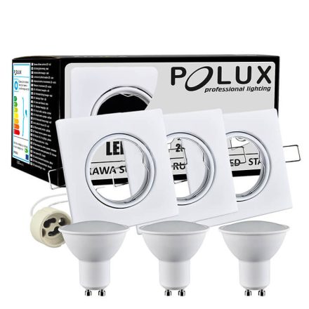 3x GOLDLUX (Polux) szögletes fehér mozgatható halogén lámpa + GU10 3,5 W LED izzó készlet