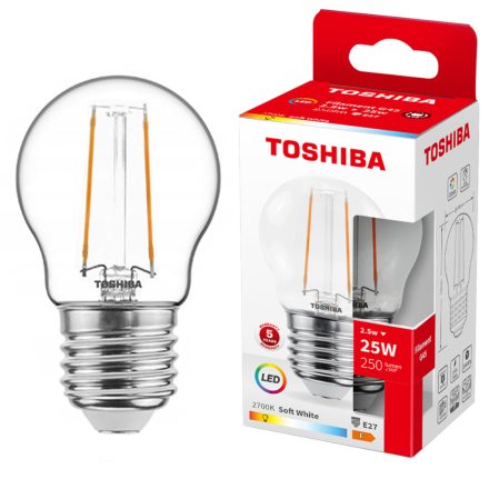 E27 G45 LED izzó 2,5W = 25W 250lm 2700K meleg izzószál TOSHIBA