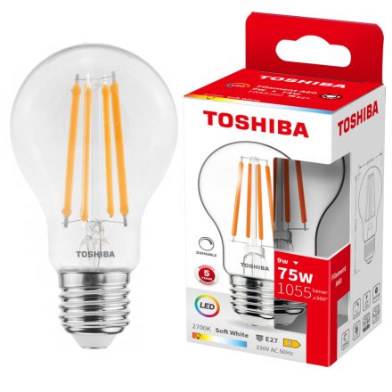 LED izzó E27 A60 9W = 75W 1055lm 2700K meleg izzószál, szabályozható TOSHIBA