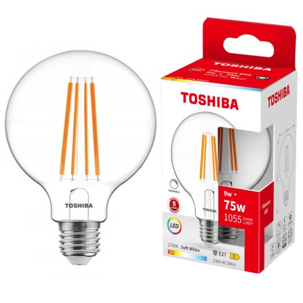 LED izzó E27 G95 9W = 75W 1055lm 2700K meleg izzószál, szabályozható TOSHIBA