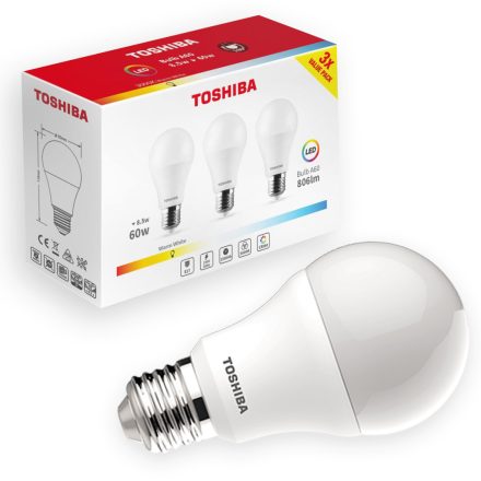 3PAK LED izzó E27 A60 8.5W = 60W 806lm 3000K meleg TOSHIBA