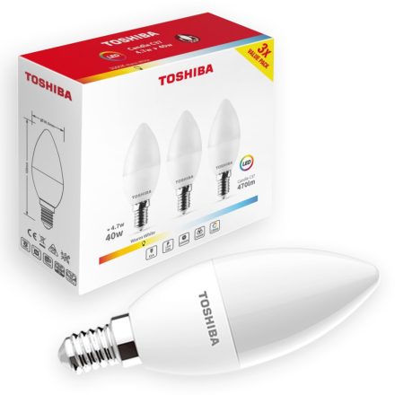 3PAK LED izzó E14 C37 4,7W = 40W 806lm 3000K meleg 220° tejszerű TOSHIBA