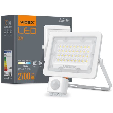 LED reflektor 30W 2700lm 5000K IP65 fehér mozgás- és alkonyérzékelővel VIDEX LUCA